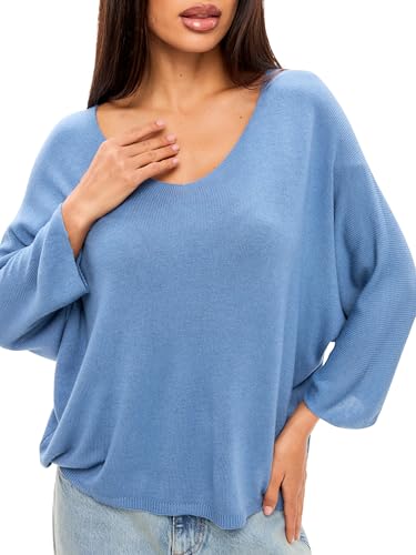 SOVENTUS FASHION Feinstrickpullover Damen V-Ausschnitt dünner Pullover Damen Oversize Leichter eleganter Glitzer Lurex Pullover Frauen, Made in Italy, blau von SOVENTUS FASHION