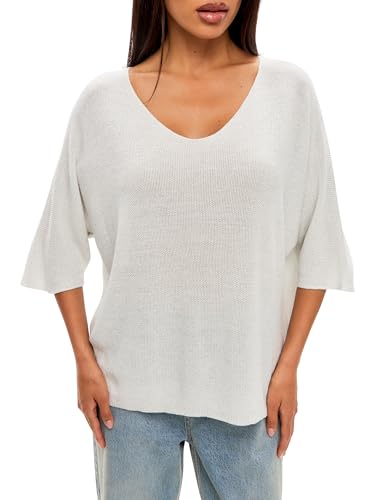 SOVENTUS FASHION Feinstrickpullover Damen V-Ausschnitt dünner Pullover Damen Oversize Leichter eleganter Glitzer Lurex Pullover Frauen, Made in Italy, wieß von SOVENTUS FASHION