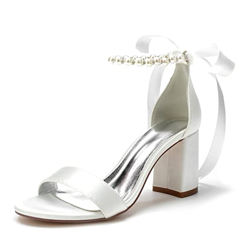 SOVORM Brautschuhe Damen Offener Zeh Perle Band Krawatte Hochzeit Kleid Abendschuhe mit Blockabsatz,Elfenbein,38 EU, 65809695-IVORY-8 von SOVORM