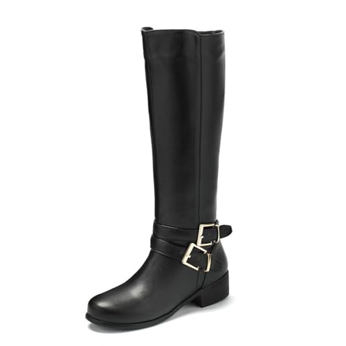 SOVORM Damen Langschaft Stiefel PU Leder Kniehohe Warm Gefüttert Reitstiefel Mit Schnalle,Schwarz,37 EU von SOVORM