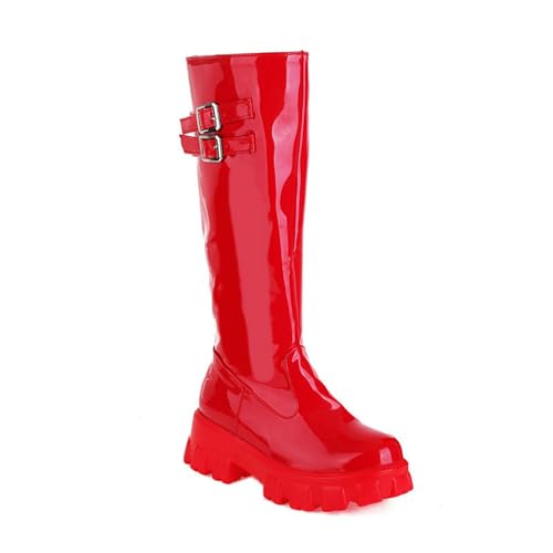 SOVORM Damen Runder Zeh Blockabsatz Kniestiefel Mit Schnalle Und Reißverschluss Plateau Lackstiefel,Rot,43 EU von SOVORM