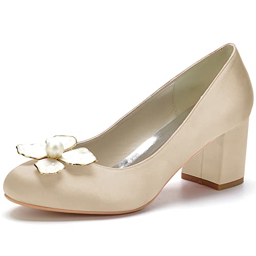 SOVORM Damen Runder Zeh Blockabsatz Slip Auf Komfort Satin Hochzeitsschuhe Brautschuhe Mit Perle,Champagne,36 EU von SOVORM