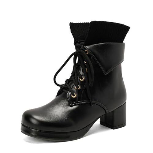 SOVORM Damen Stiefeletten Patchworkstiefel Blockabsatz Leicht Gefüttert Klassische Schnürstiefeletten,Schwarz,45 EU von SOVORM