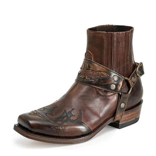 SOVORM Herren Stiefeletten Quadratischer Kopf Westernstiefel Stickerei Cowboystiefel Mit Nieten,Braun,42 EU von SOVORM