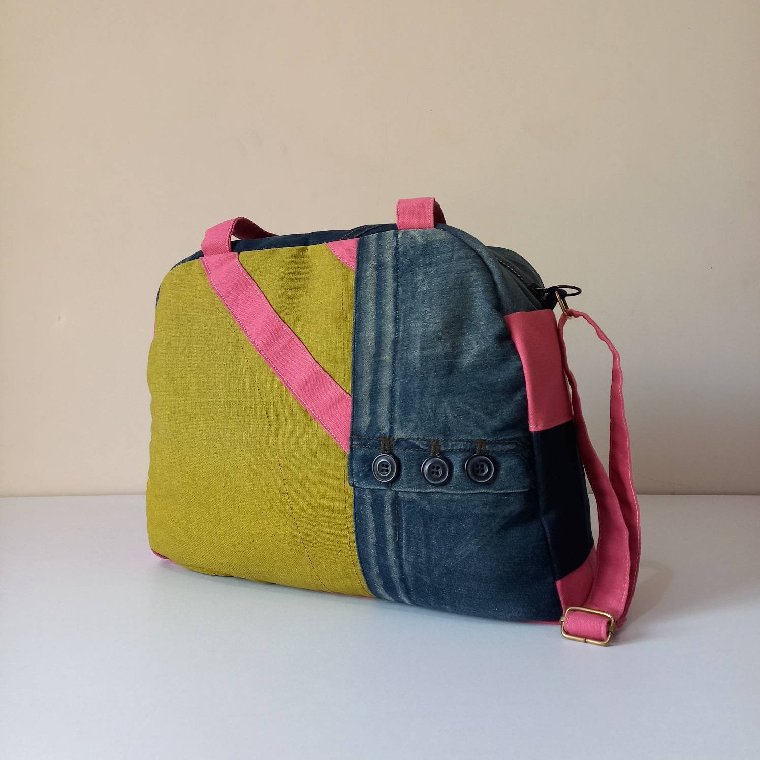 Patchworked Seesack, Verstellbarer Riemen, Weekender Reisetasche, Denim Und Canvas Mehrere Taschen Sporttasche Frauen Mädchen von SOWANDY