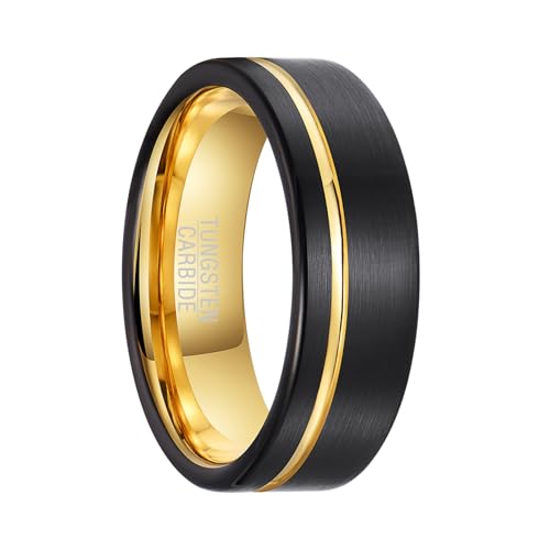 SOXEMAN 1 x schwarzer stimmungsvoller Wolframstahlring für Damen und Herren mit breiter Oberfläche, 8 mm goldenes Wolframkarbid zwischen den Rillen, einfacher und modischer Ehering-Schmuck (10) von SOXEMAN