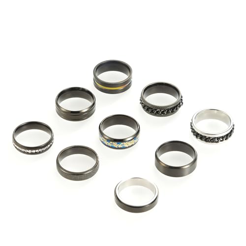 SOXEMAN 9 Stück/Set Herrenringe Set (3 davon können gedreht werden, um Angst und Stress abzubauen) Coole und modische schwarze atmosphärische Edelstahlringe, geeignet für Männer, Frauen und Paare von SOXEMAN