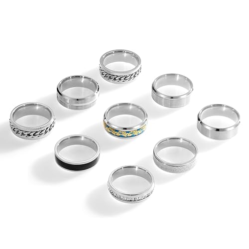 SOXEMAN 9 Stück/Set Herren Gold Silber Ring Set (2 davon Kette Drehringe lindern Angst und Stress) Trendy und Mode Damen Paar Edelstahl Ringe von SOXEMAN