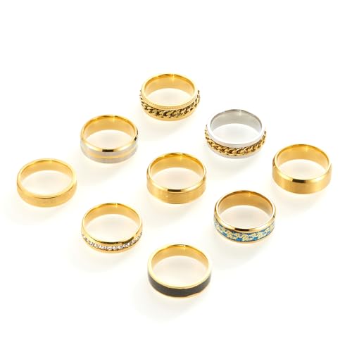 SOXEMAN 9 Stück/Set Herren Gold Silber Ring Set (2 davon Kette Drehringe lindern Angst und Stress) Trendy und Mode Damen Paar Edelstahl Ringe von SOXEMAN