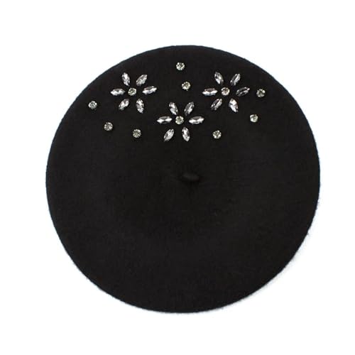 Barett Baskenmützen Für Herren Damen Berets Hut Mode Gestrickte Berets Mit Blume Strass Damen Künstler Mütze Mütze Hut Schwarz von SOYNIA