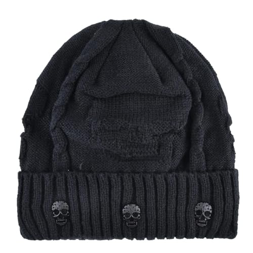 Mütze Beanie Hut Beanies Herren Gestrickte Schädel Muster Einfarbiger Hut Mit Metalls Chädeln Schädel Mützen Herren Strick Dicke Hüte Fügen Sie Samt 56-60 Schwarz Hinzu von SOYNIA