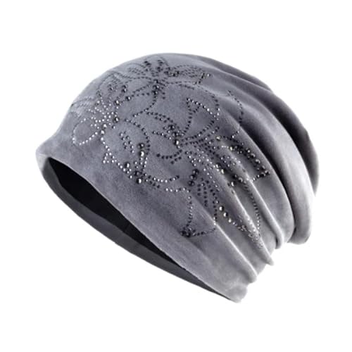 Mütze Beanie Hut Damen Mütze Lilie Blume Strass Steine Hut Frauen Glanz Samt Geklebt Schädel Mütze Weiblich Mütze Grau von SOYNIA