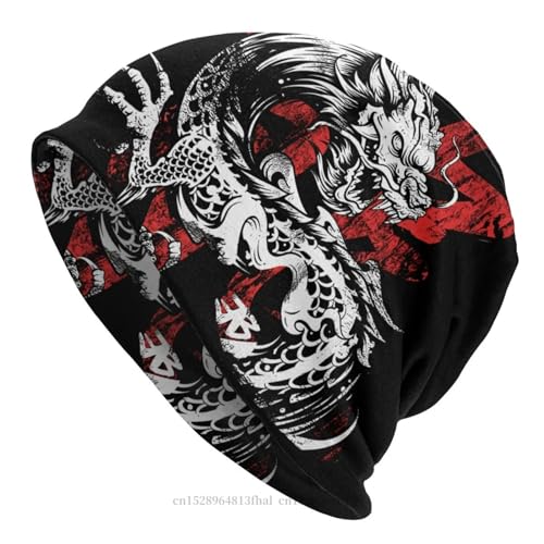 SOYNIA Mütze Beanie Hut Männer Frauen Dünne Hut Drachen Kanji Chinesischer Text Hintergrund Warme Kappe Hip Hop Schädel Beanies Kappen OneSize Schwarz von SOYNIA