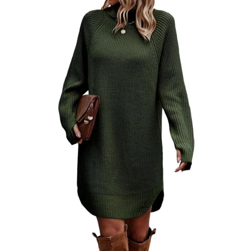 Pullover Cardigan Sweater Damen Warmes Pullover Kleid Frauen Strickkleid Schick Gerippte Strick Pullover Roll Kragen Pullover Kleider Für Frauen EIN Gemütliches Modisches Addition L Grün von SOYNIA