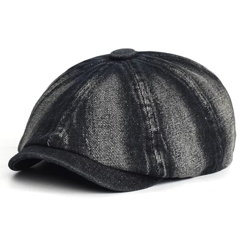 SOYNIA Barett Baskenmützen Für Herren Jeans Kappe Peaky Achteckiger Hut Vintage Casual Cap Solid Berets Flach 56-59Cm Schwarz von SOYNIA