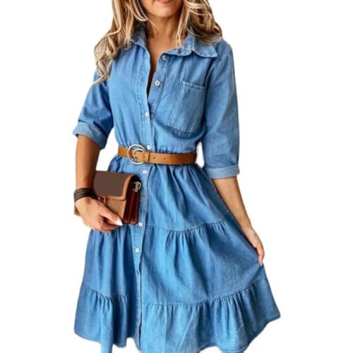 SOYNIA Hübsche Kleid Kleider Dress Damen Jeans Kleid Dreiviertel-Ärmel Mit Umschalt Kragen Mit Gürtel Rüschen-Jeans Kleider Für Frauen 3XL Light Blue von SOYNIA