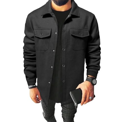 SOYNIA Jacke Jacken Herren-Button-Down-Shirt-Jacke Styli Sche Herren-Revers Jacke Mit Klappen Taschen Einfarbig Hemd Mantel Für Freizeit Kleidung L Schwarz von SOYNIA