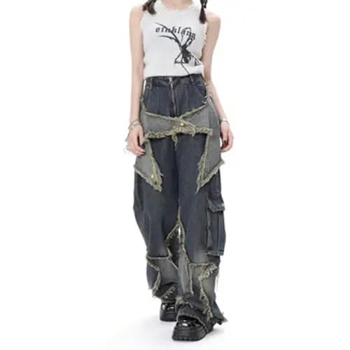 2023 Amerikanischen Stil Retro High Street Jeans Frauen Sommer Lose Breite Bein Hosen Trendy Casual Baggy Star Quaste Hosen, Blau, S von SPABOY