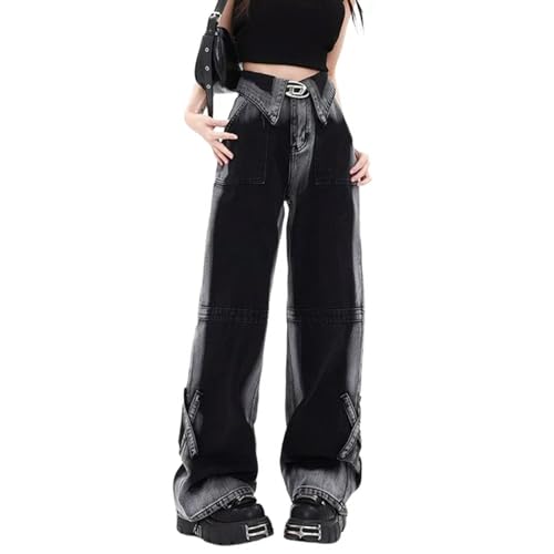 Amerikanischen Stil VintageBlack Jeans Frauen Herbst Winter Revers Design High Street Wear Gerade Weite Bein Hosen, Schwarz, X-Groß von SPABOY