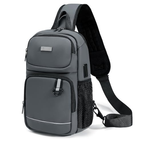 SPAHER Brusttasche Herren mit USB Herren Umhängetasche Klein Rucksack Herren Wasserdicht Crossbody Bag Männer Tasche Herren Sling Bag Wasserdicht für Wandern Reisen Mann Frau Grau von SPAHER