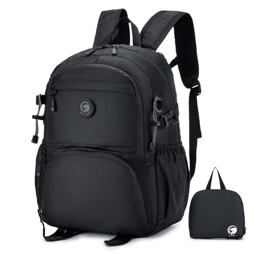 SPAHER Faltbare Reisetasche Handgepäck 40x30x20 Wizzair Vueling Ultraleicht Wanderrucksack 25L Wasserdicht Backpack Kleiner Daypack Flugzeug Reiserucksack für Damen Herren Outdoor Camping Schwarz von SPAHER
