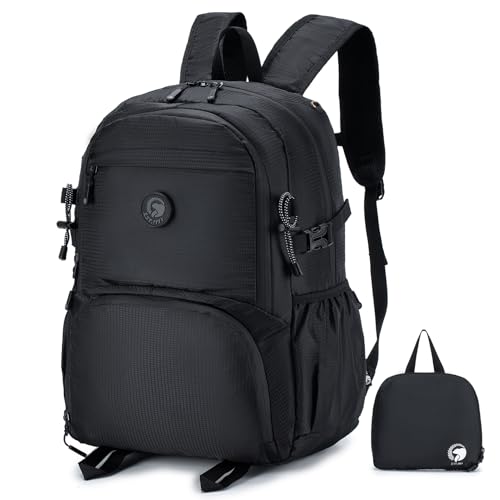 SPAHER Faltbare Reisetasche easyJet Handgepäck 45x36x20 Ultraleicht Wanderrucksack 32L Wasserdicht Backpack Daypack Flugzeug Groß Reiserucksack für Damen Herren Outdoor Camping Schwarz von SPAHER