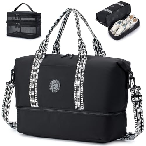 SPAHER Reisetasche Damen Herren Sporttasche Handgepäck Tasche 45x36x20cm Easyjet Cabin Bag Handtaschen Organizer Faltbare Travel Duffle Bag Fitnesstasche 32L Weekender Bag Mit Schuhfach Schwarz von SPAHER