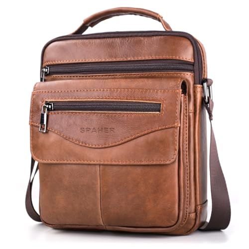 SPAHER Umhängetasche Leder Herren Herrentasche Schultertasche Echtes Leder Handgelenktasche Herren Schultertasche Crossbody Bag Messenger Bags Geschenk für Männer von SPAHER