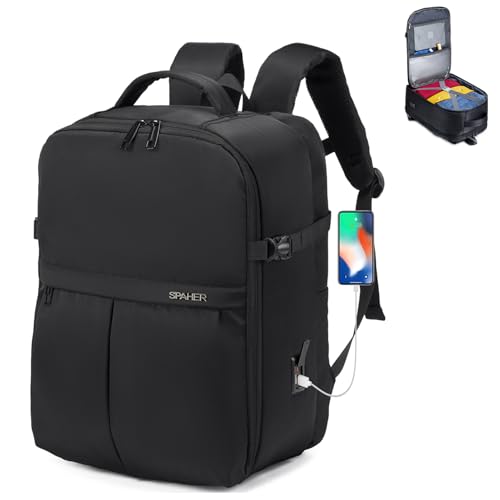 SPAHER Reiserucksack Handgepäck 40x30x25 Eurowings Laptop Rucksack 15,6 Zoll mit Laptopfach Business Arbeit Reisen Rucksack Herren Schulrucksack für Teenager Notebook College Damen Schwarz von SPAHER