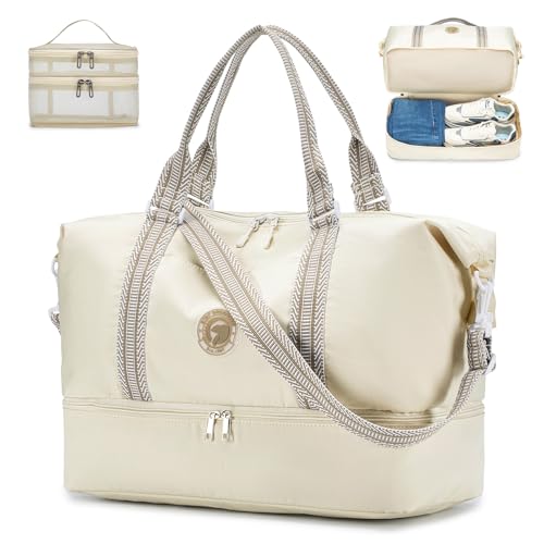 SPAHER Reisetasche Damen Herren Sporttasche Handgepäck Tasche 45x36x20cm Easyjet Cabin Bag Handtaschen Organizer Faltbare Travel Duffle Bag Fitnesstasche 32L Weekender Bag Mit Schuhfach Beige von SPAHER