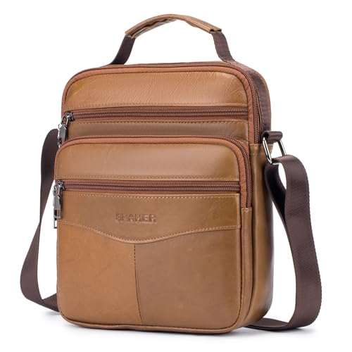 SPAHER Umhängetasche Leder Herren Groß Herrentasche Schultertasche Echtes Leder Handgelenktasche Herren Schultertasche Crossbody Bag Messenger Bags Geschenk für Männer Braun von SPAHER