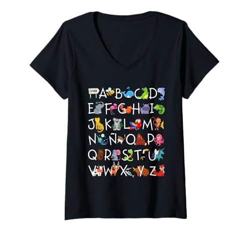 Damen Spanisches Alphabet-Shirt, niedliches Tier-Alphabet T-Shirt mit V-Ausschnitt Damen Spanisches Alphabet-Shirt, niedliches Tier-Alphabet T-Shirt mit V-Ausschnitt von SPANISH ALPHABET SHIRT for kids and adults.