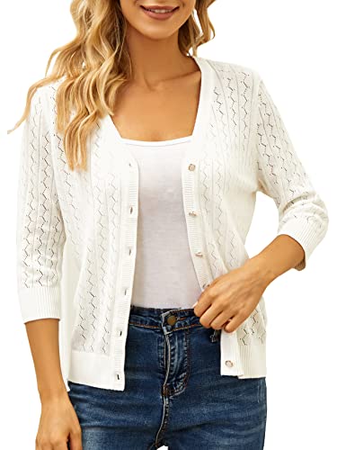 Strickjacke für Damen, leicht: Baumwoll-Strickjacke, zierlich, 3/4-Ärmel, Cardigan, V-Ausschnitt, Knopfleiste, Weiss/opulenter Garten, Small von SPARKLE & SKY