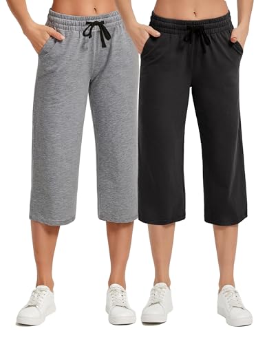 SPECIALMAGIC Damen Lose Weites Bein Hose Classics Damen Hose Weite 3/4 Hose für Frauen Damen Ladies Culotte Sporthose (2PCS) Schwarz+Heather Grau 2XL von SPECIALMAGIC