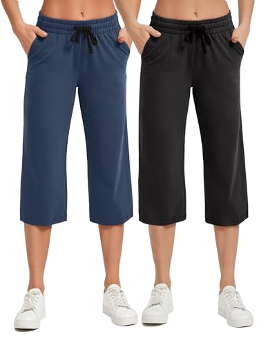 SPECIALMAGIC Damen Lose Weites Bein Hose Classics Damen Hose Weite 3/4 Hose für Frauen Damen Ladies Culotte Sporthose (2PCS) Schwarz+Navyblau 2XL von SPECIALMAGIC