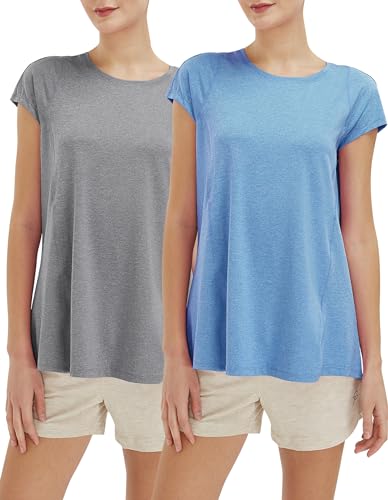 SPECIALMAGIC Frauen V-Ausschnitt-T-Shirt schnell trockenes Fitness-Top, Damen Yoga Top Lose Fit Kurzarm-Training T-Shirt Enifarbig Grau+Blau L von SPECIALMAGIC