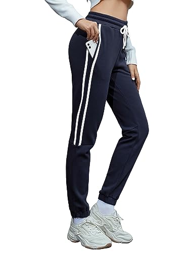 SPECIAMAGIC Fleece gefütterte Jogginghose für Damen Strips Running Jogging Lounge Workout Pants mit Taschen Warmer Thermo-Track Marineblau Streifen S von SPECIALMAGIC