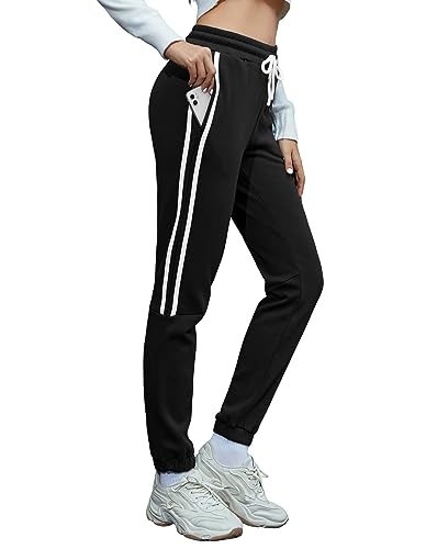 SPECIAMAGIC Fleece gefütterte Jogginghose für Damen Strips Running Jogging Lounge Workout Pants mit Taschen Warmer Thermo-Track Schwarz Streifen M von SPECIALMAGIC