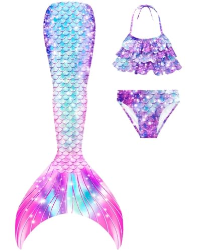 SPEEDEVE Mädchen Meerjungfrauenschwanz 3pcs Meerjungfrauen Bikini Set,ohne Monoflosse,LAN-r4,150 von SPEEDEVE
