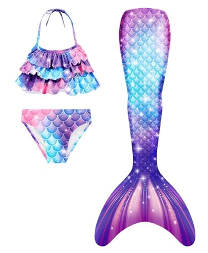SPEEDEVE Mädchen Meerjungfrauenschwanz 3pcs Meerjungfrauen Bikini Set,ohne Monoflosse,L-M3,140 von SPEEDEVE