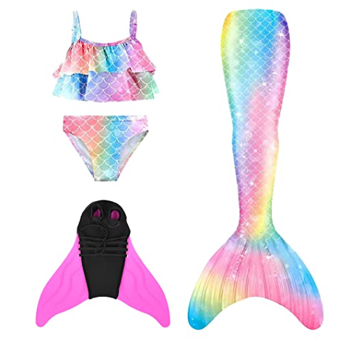 SPEEDEVE Mädchen Meerjungfrauenschwanz Zum Schwimmen mit Bikini Set und Monoflosse,Fenpu-m1,120 von SPEEDEVE