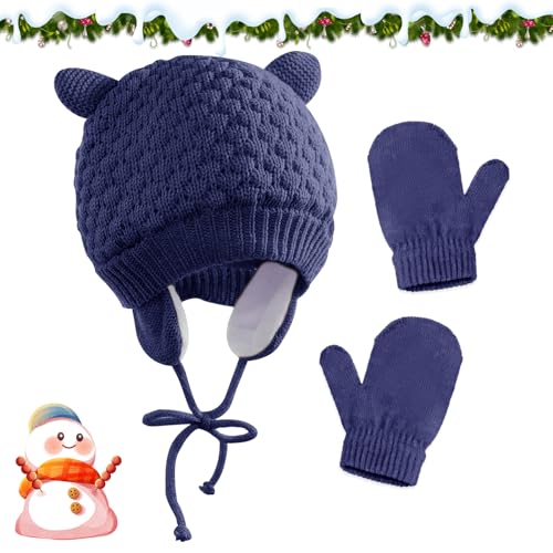 SPERMUOY Babymütze Junge,Baby Wintermütze Jungen Neugeborene Wintermütze Handschuhe Set Geeignet für Jungen und Mädchen im Alter von 1-3 Jahre-Marineblau von SPERMUOY