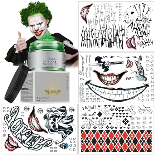 SPERMUOY Clown Tattoo Aufkleber,4 Blatt Clown Temporäre Tattoo+Grün Haarwachsfarbe,Clown Tattoo Fake Clown Temporäre Tattoos Zum Aufkleben Herren Damen Schminke von SPERMUOY