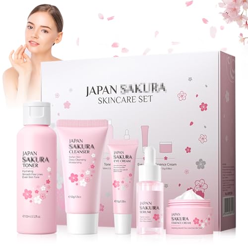 SPERMUOY Sakura Gesichtspflege Set für Mädchen und Frauen,5pcs Sakura Hautpflege Set Reinigung & Feuchtigkeitsspendendes für Gesichts,Tagespflege und Nachtpflege Skincare Set von SPERMUOY