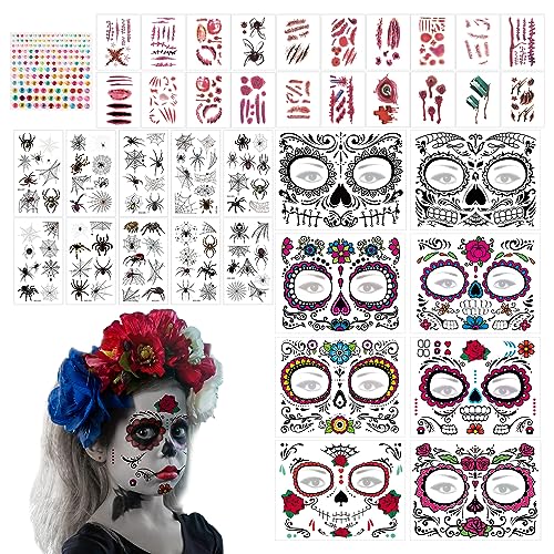 SPERMUOY Halloween Tag der Tote Tattoos,8 Blätter Totenkopf Gesichtstattoo mit Diamant und 20 Blätter Narben Tattoo10 Spinnennetz Aufkleber,Tag der Tote Gesichtstattoo für Festival Halloween Cosplay von SPERMUOY