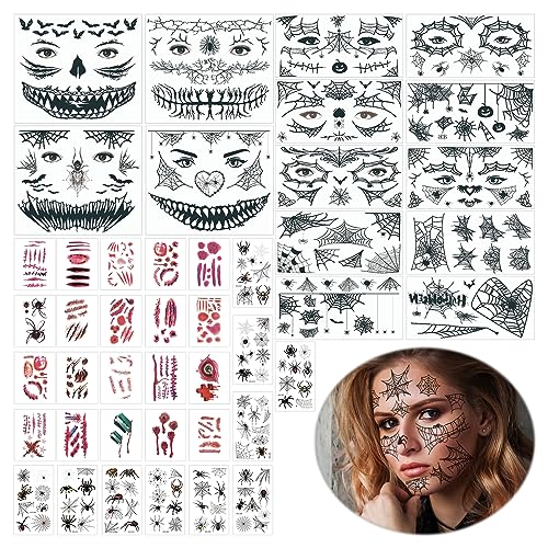 SPERMUOY Halloween Tattoo Gesicht mit 14 Halloween Gesicht Tattoo 10 Schwarz Spinnen Tattoos 20 Halloween Narben Tattoo,Halloween Gruselig Gesichtstattoo für Masquerade Cosplay Party Dekoration von SPERMUOY