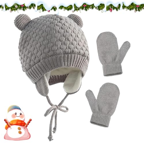 SPERMUOY Baby Wintermütze Jungen Mädchen, Babymütze Kleinkinder Wintermütze Strickmütze Fäustlinge,Winter Babymütze für Jungen und Mädchen im Alter von 1-3 Jahre-Grau von SPERMUOY