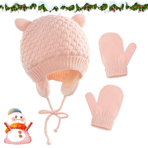 SPERMUOY Baby Wintermütze, Babymütze Mädchen Kleinkinder Wintermütze Strickmütze Fäustlinge,Winter Babymütze für Jungen und Mädchen im Alter von 1-3 Jahre-rosa von SPERMUOY