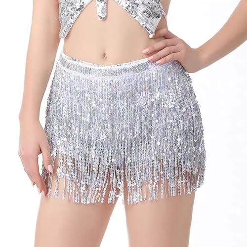 SPERMUOY Pailletten Rock Silber Glitzer Rock,Rock mit Pailletten Karneval Pailletten Rock,Pailettenrock für Damen fransen Karneval Quasten Pailettenrock für Damen und Mädchen-Silber von SPERMUOY