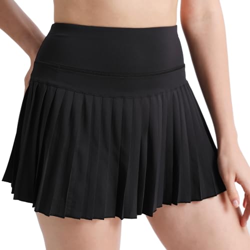 Damen Tennisrock mit Shorts Plissee Athletic Skort High Waisted Golf Röcke mit 2 Taschen Schwarz L von SPFASZEIV